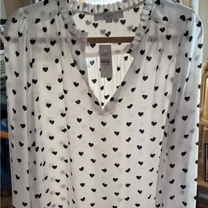 LOFT White Blouse with Black Heart Pattern